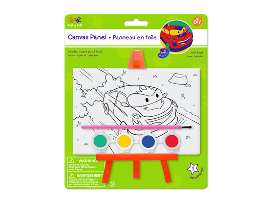 Krafty Kids Kit: 3.9"x5.9" DIY Canvas Panel on Easel w/4 Paint Pots+Brush F) Cars