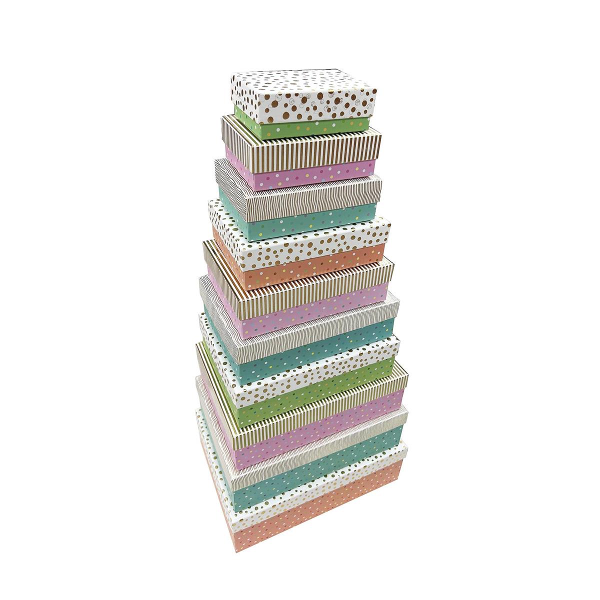 Paper T. Set/10 Rect. Gift Boxes, Hot Stamp, Pastel Tones, XXXXL: 14.5"x10.6"x4.3" - XXXS: 5.7"x3.9"x2", UPC on each; ea set in polybag