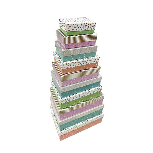 Paper T. Set/10 Rect. Gift Boxes, Hot Stamp, Pastel Tones, XXXXL: 14.5"x10.6"x4.3" - XXXS: 5.7"x3.9"x2", UPC on each; ea set in polybag
