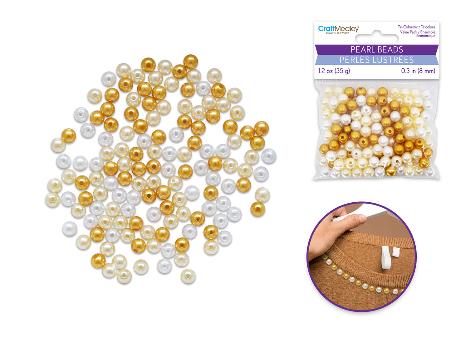 Pearl Beads: 8mm Gloss Tri-Colormix 35gms D) Gold