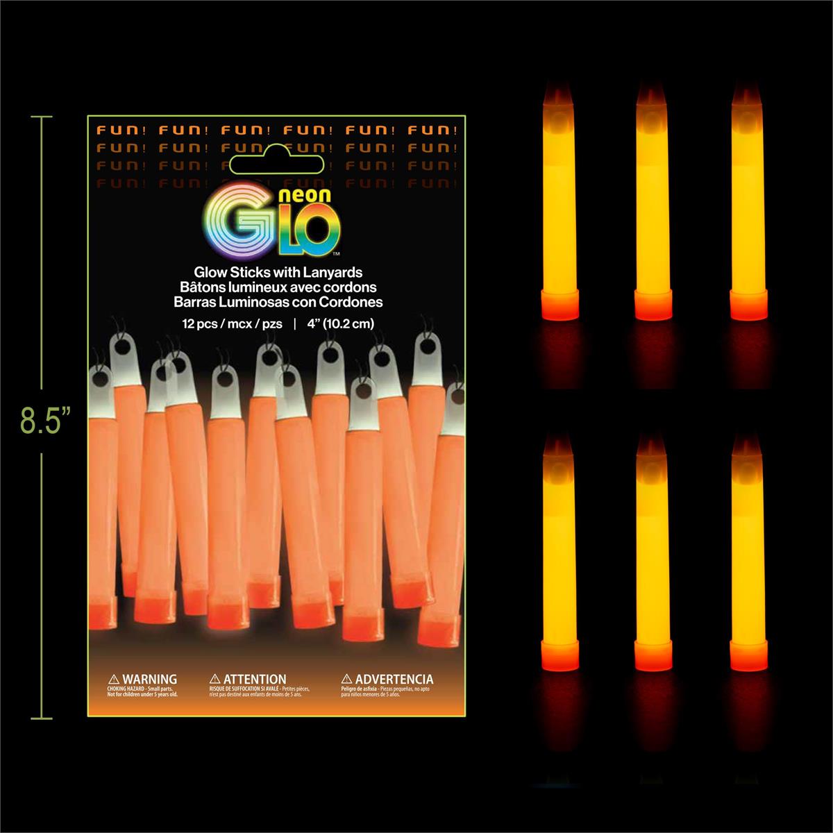 Neon Glo, Orange, 12 packs 4" Glow Sticks with Lanyards, Foil Pack