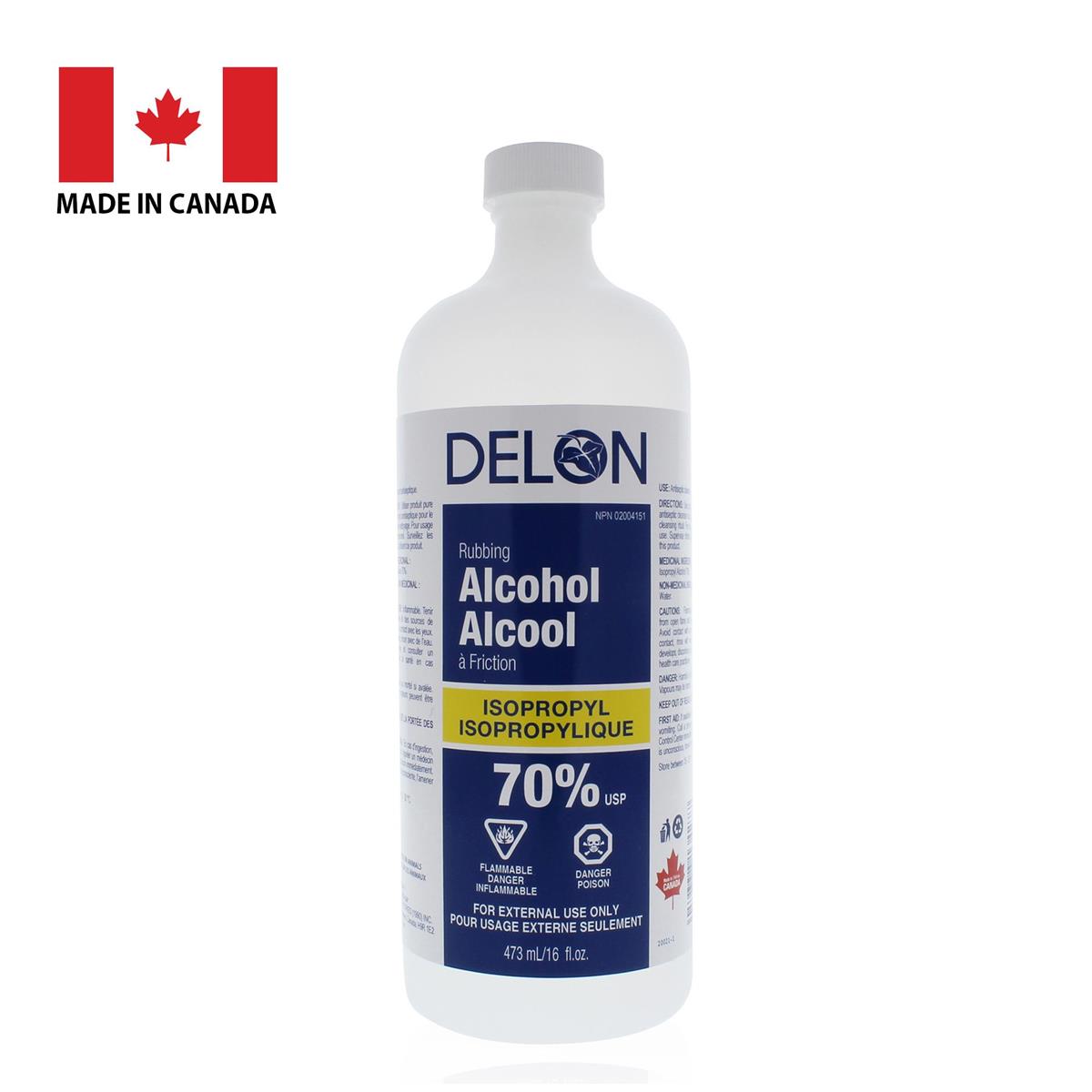 Delon, 70% Isopropyl Rubbing Alcohol, 473ml Bottle with Cap