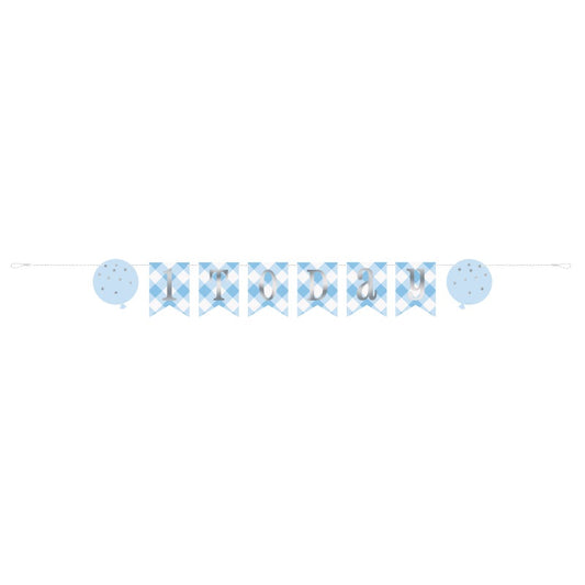 Blue Gingham 1st Birthday Pennant Banner  6 ft