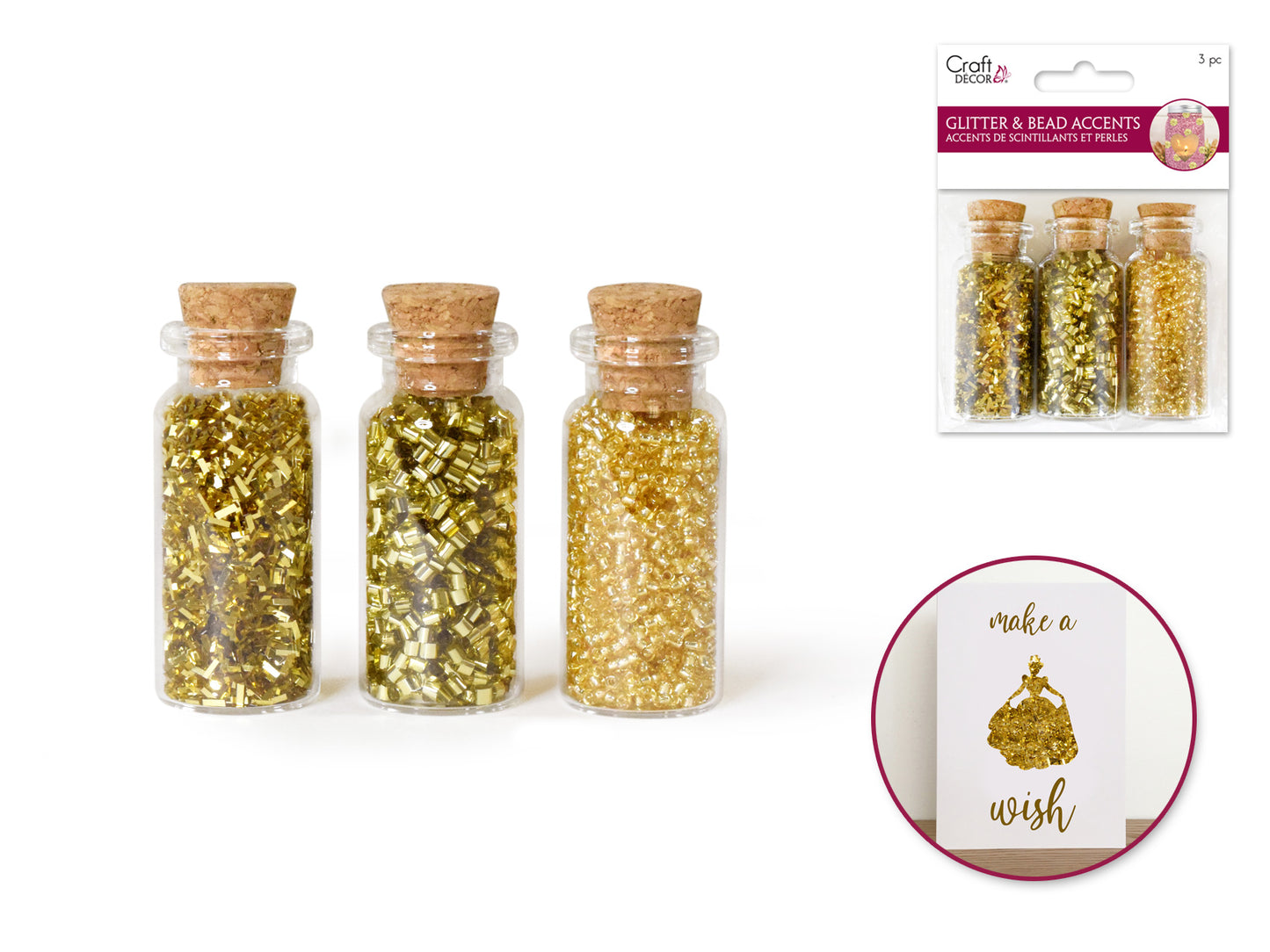 Craft Décor: Glitter & Seed Bead Accent Vials x3 A) Gold