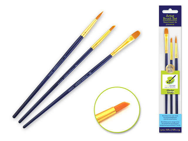 Artist Brush Set: Master Stroke Set x3 Versatility1 GoldenNylon Fil#8+Rnd#4+Stip#4