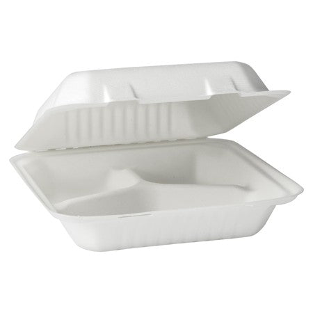 HINGED BAGASSE CONTAINERS 3 COMPARTMENTS 9'' x 9'' 50/PK x 2/CS (1270329)