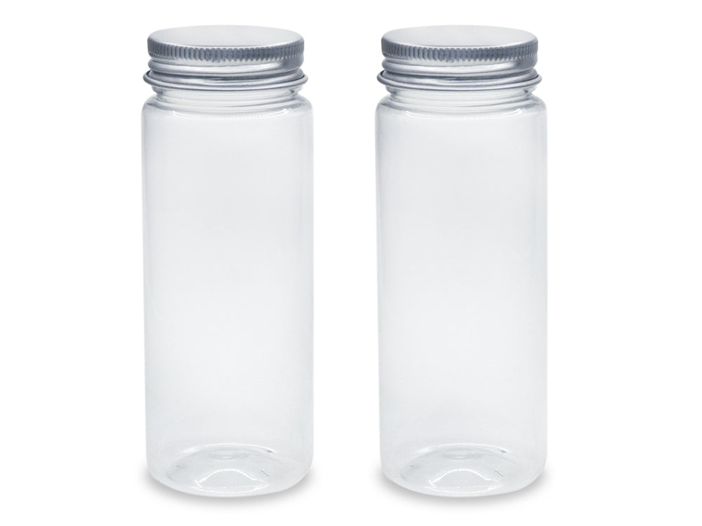 Craft Storage: 4.1x11cm (125ml) Plastic Cylinder Jar 2pc w/Alum Screw-Top