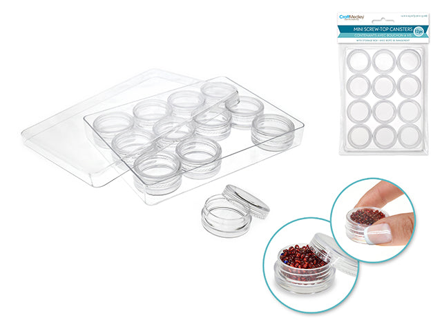 Craft/Bead Storage: 3x1.3cm Screw-Top Mini Canisters x12 in Storage Box