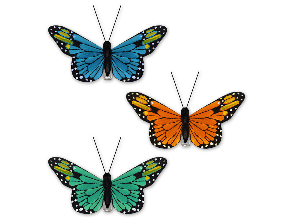 Craft Decor: 3.25"x1.75" Feathered Monarch Butterflies x3 w/Gator Clip B) Glam