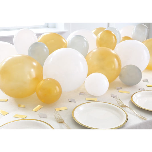 Silver  White and Gold Balloon Garland Table Runner with Foil Confetti Cutouts