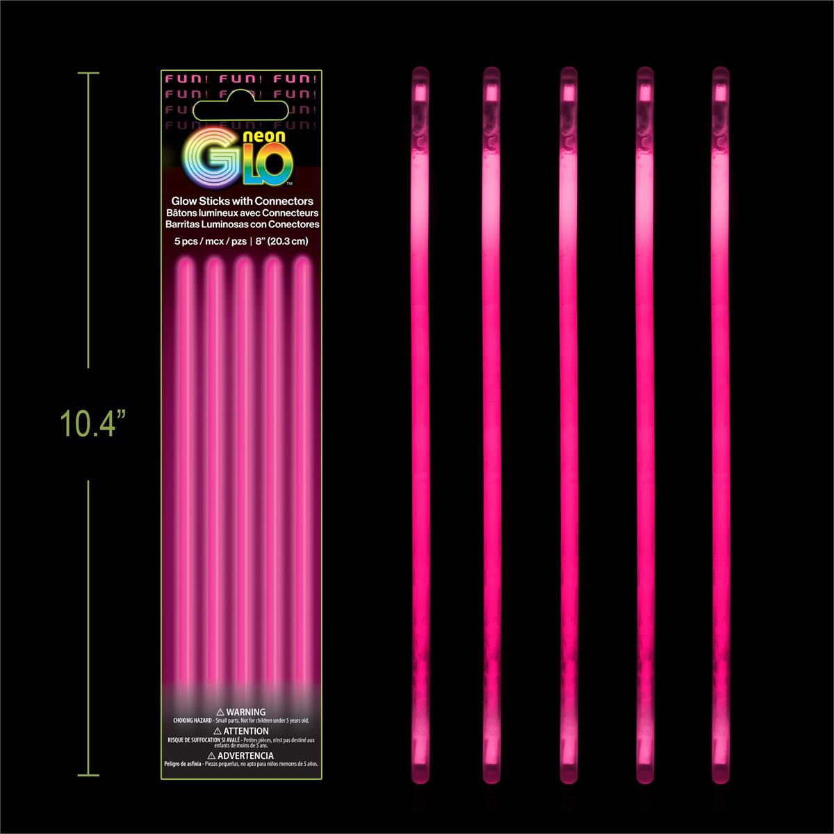 Neon Glo, Pink, 5 pack,  8" Glow Sticks with Connectors, Foil Pack
