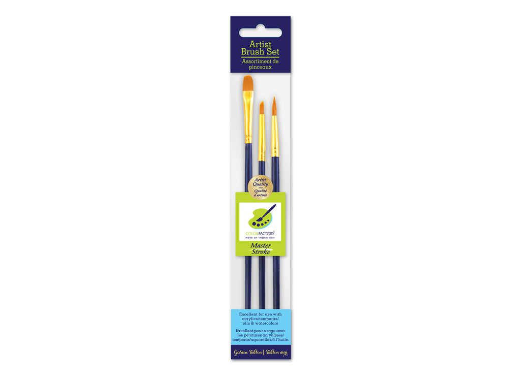 Artist Brush Set: Master Stroke Set x3 Versatility1 GoldenNylon Fil#8+Rnd#4+Stip#4