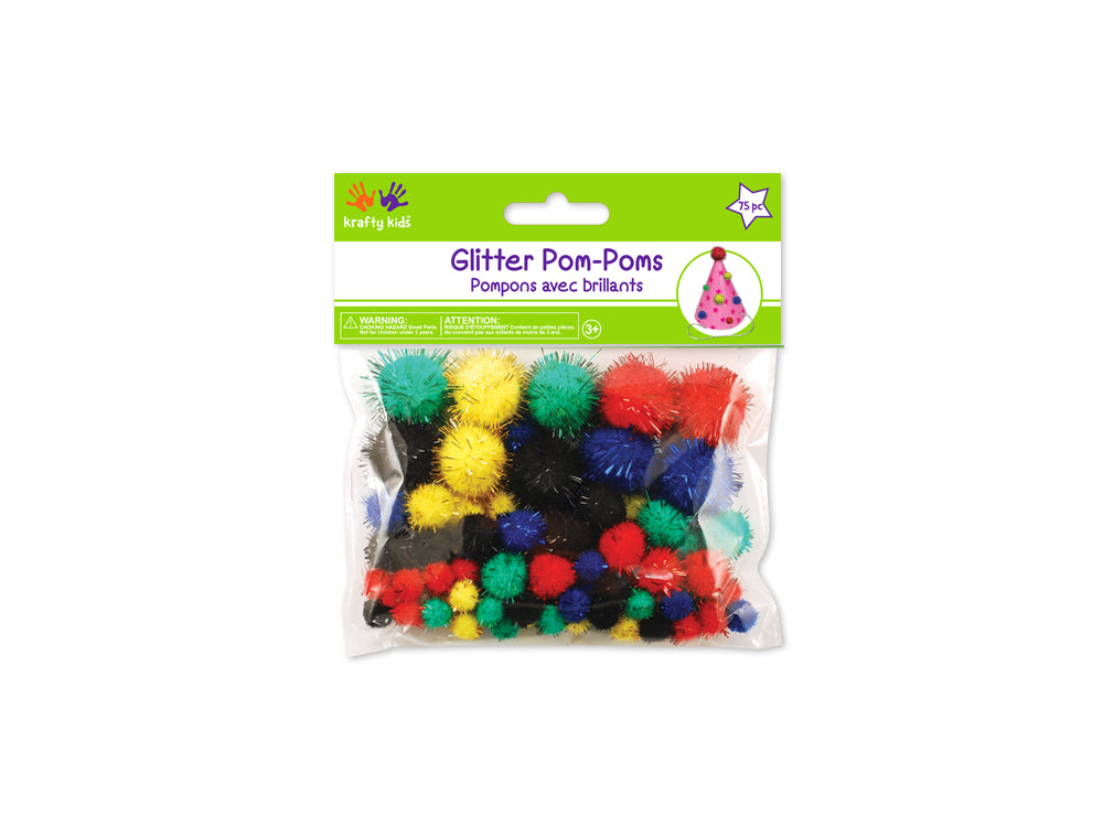 Krafty Kids: Pom-Poms Glitter Pack x75 Primary Colors Asst Sizes