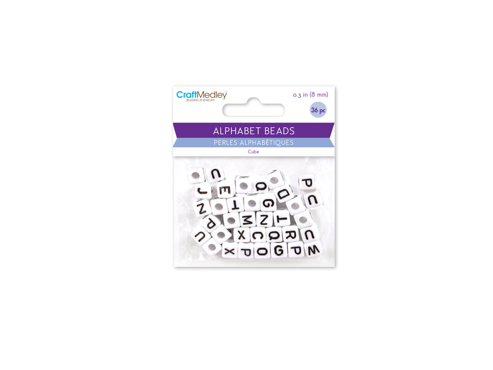 Alphabet Beads: 8mm Cube 36ct A) White w/Black Letters