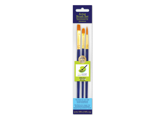 Artist Brush Set: Master Stroke Set x3 Versatility2 GoldenNylon Flat#8+Rnd#10+Fil#2