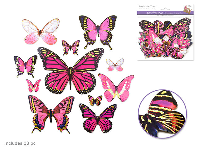 Paper Craft Embellishment: Butterfly Die Cuts w/Foil Accents x33 A) Pink
