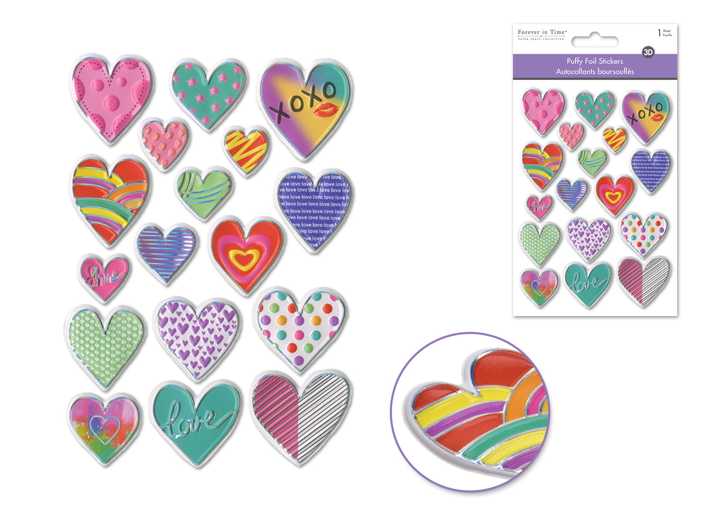 Paper Craft Stickers: 4.3"x6.1" Foil Puffy C) Love Hearts