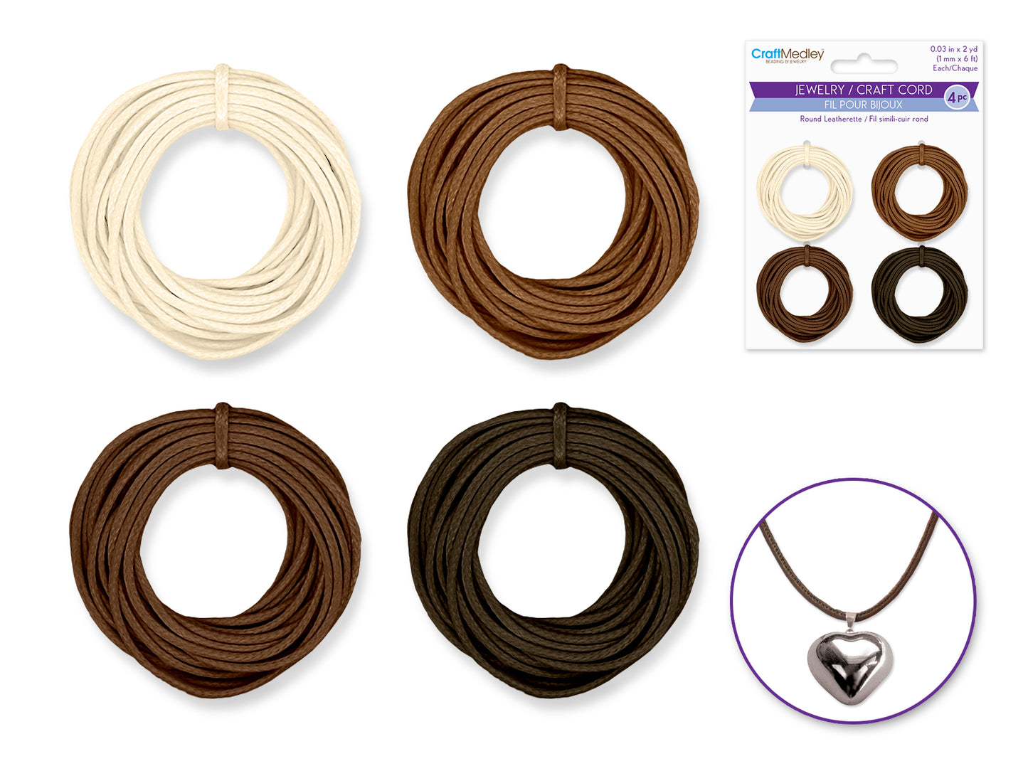 Jewelry/Craft Cord: 1mmx8yds Leatherette Round 4-col Asst A) Natural Asst