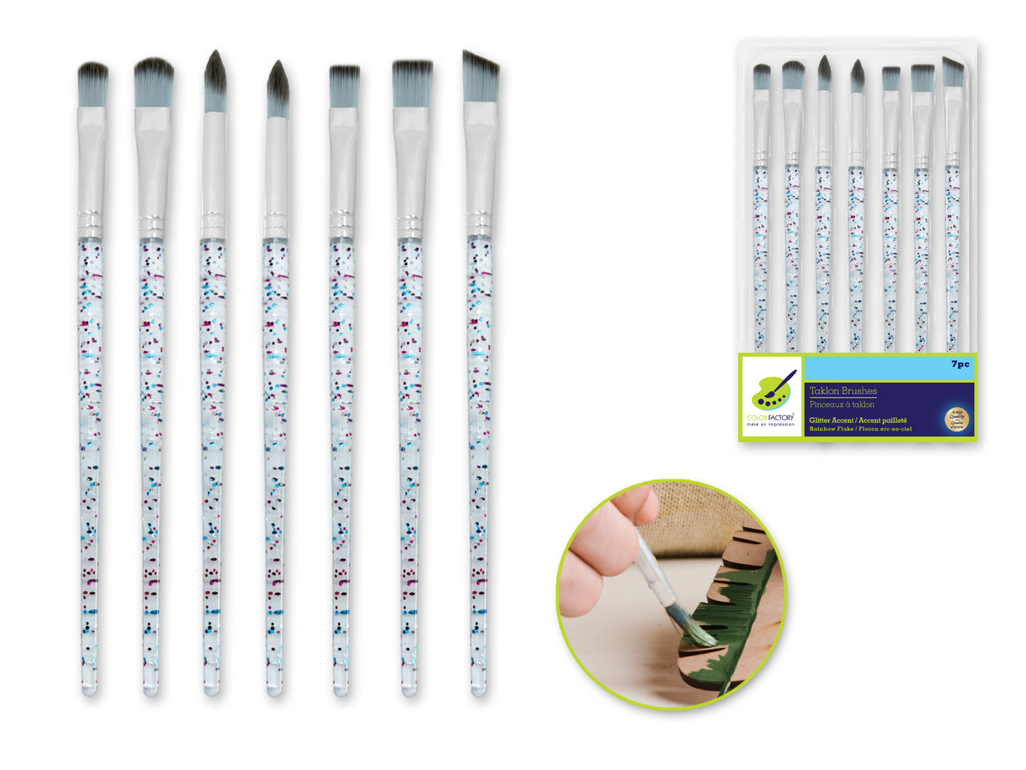 Artist Brush Set: Taklon Glitter Accent Series x7 Clear PS Handle B) Rainbow Flake Versatile 2