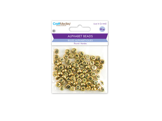 Alphabet Beads: 7mm Round 90ct 4mm(T) B) Metallic Gold