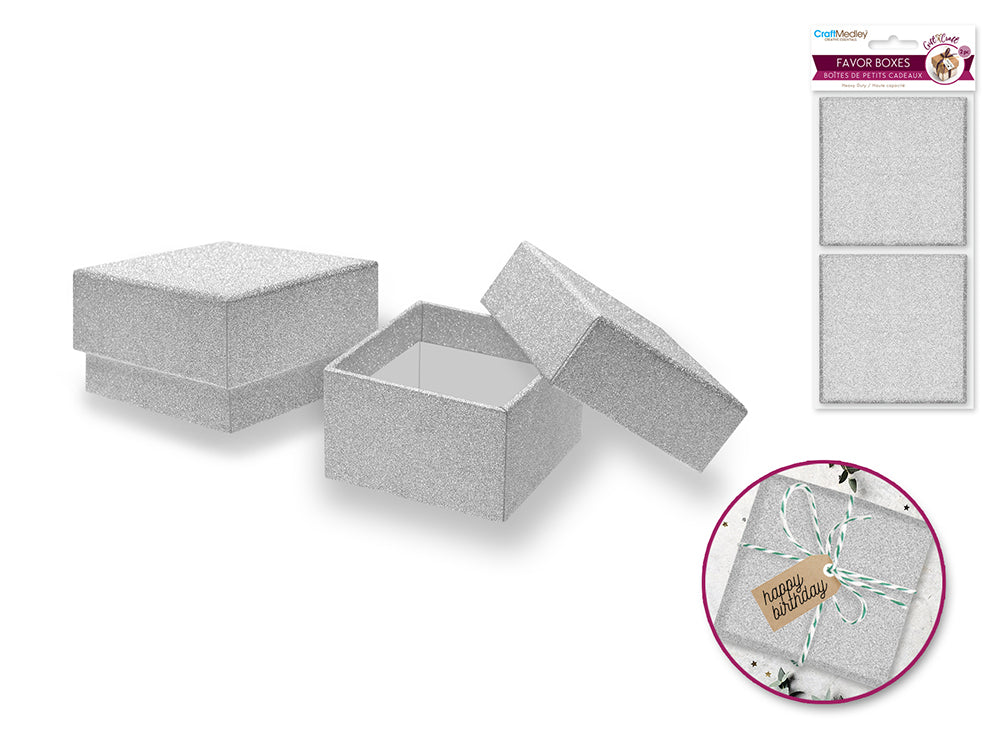 Gift Craft: 2.38"x2.38"x1.44" Heavy Duty Paper Favor Box x2 A) Silver Shimmer