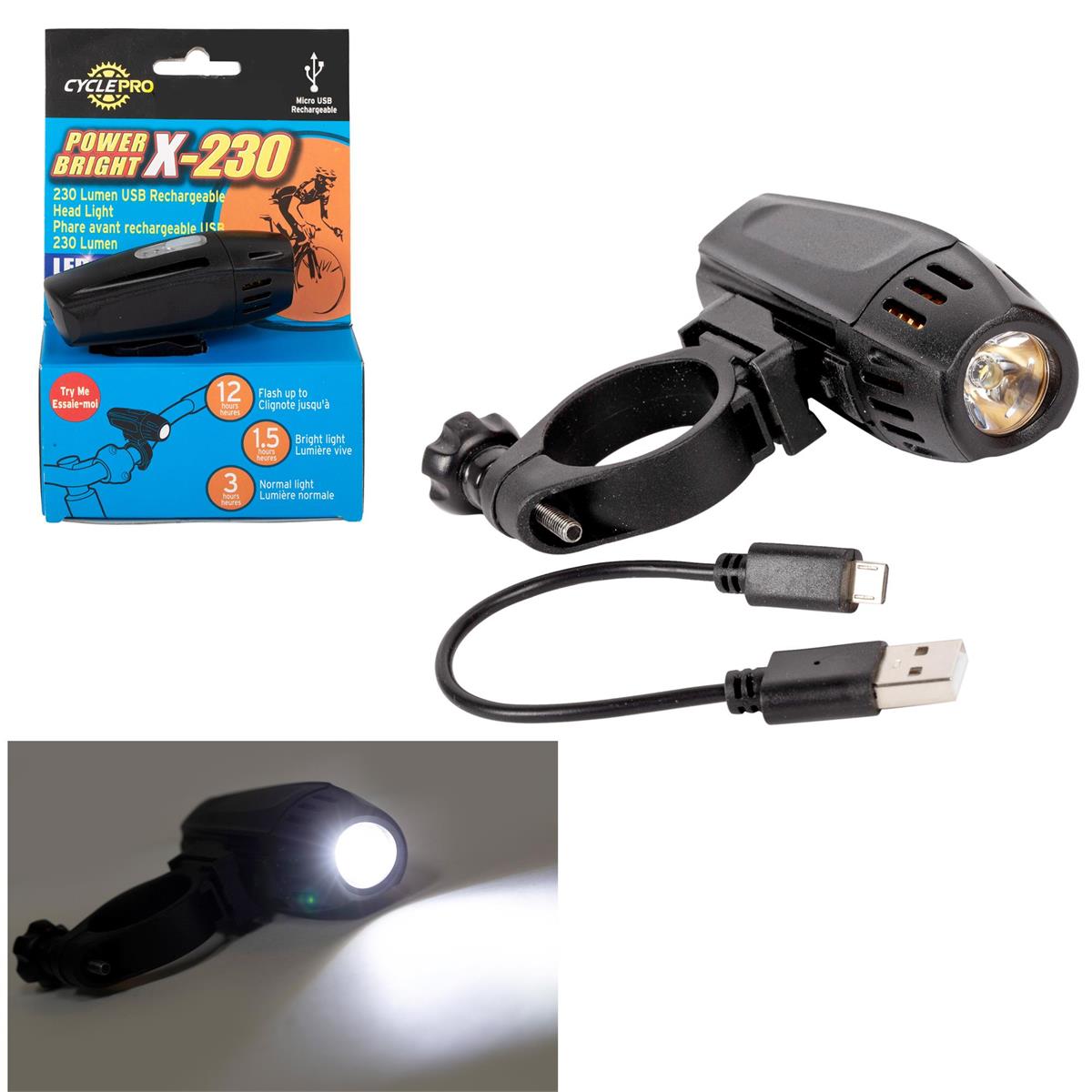 CyclePro Power Bright-230 USB Rechaegeable front light, 230LM