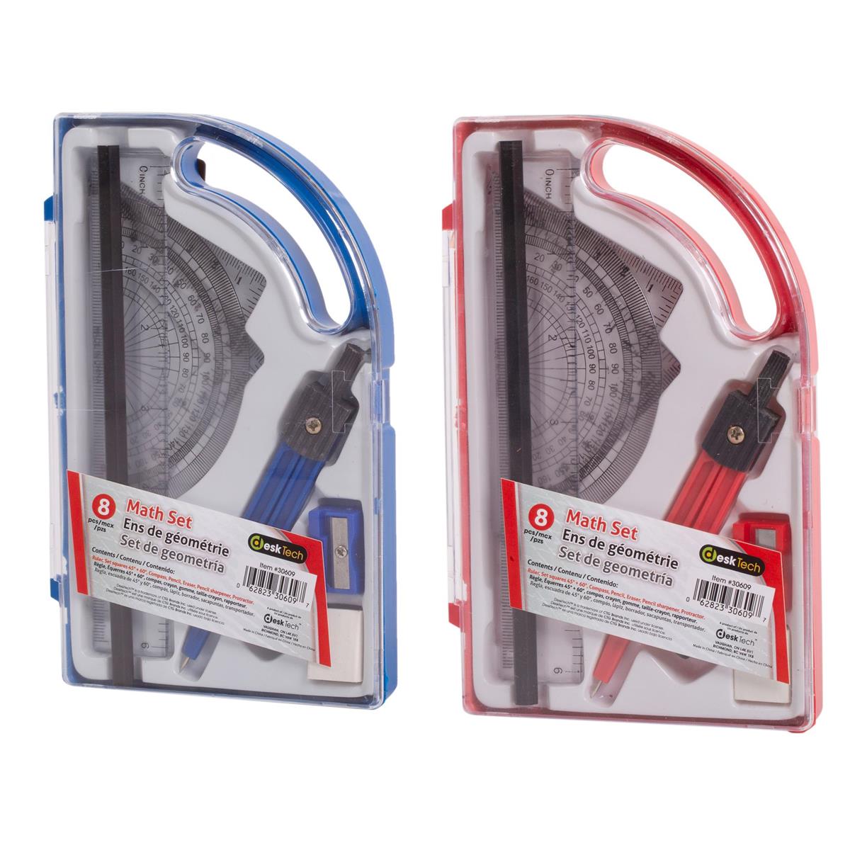 Desk Tech 8-pc Plastic Math Set, 2 col., Plastic Box