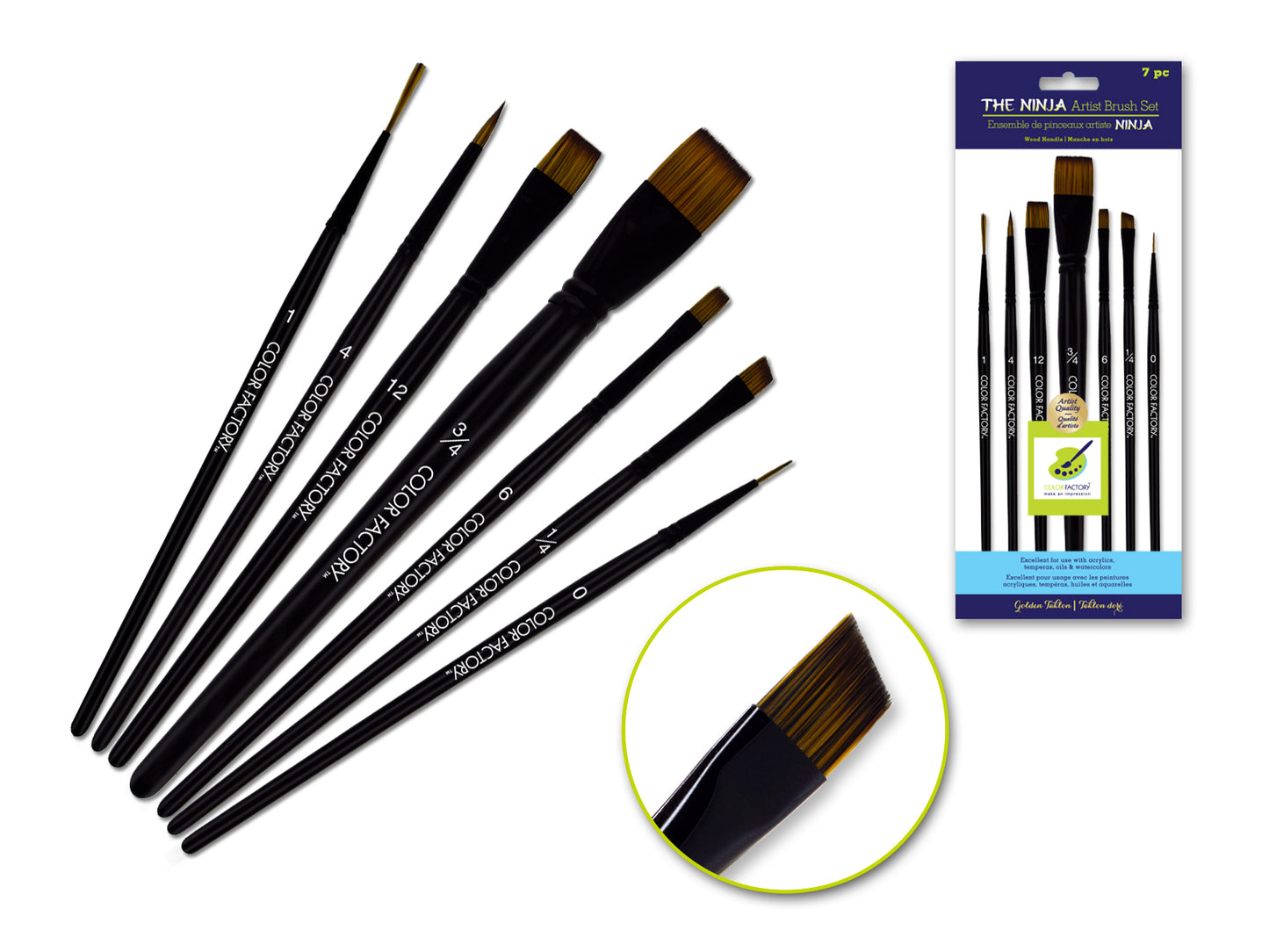 Artist Brush Set: The Ninja Art Set x7 Wood Handle/Nylon Hair