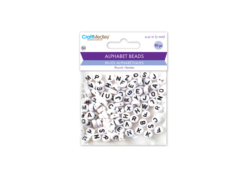 Alphabet Beads: 7mm Round 90ct 4mm(T) D) White w/Black Letters