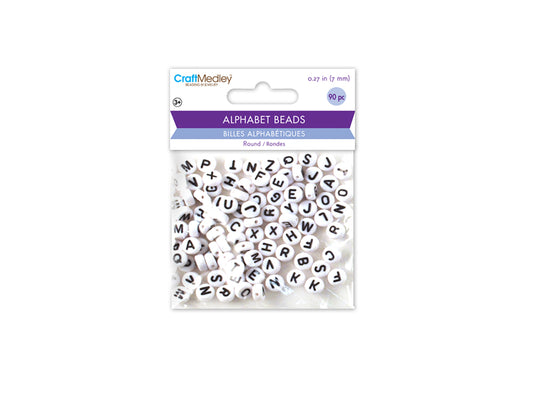 Alphabet Beads: 7mm Round 90ct 4mm(T) D) White w/Black Letters