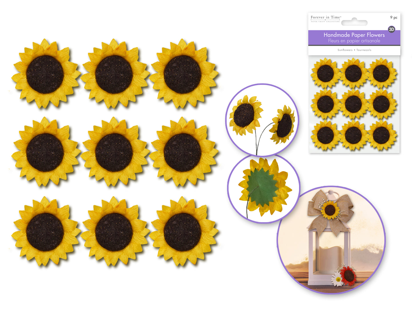 Floral Embellish: 4cm Handmade Paper Sunflowers x9 A) Yellow