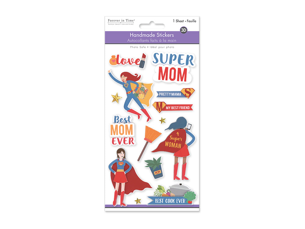 Handmade Sticker: 4.4"x7.5" 3D Themed Elements D) Super Mom