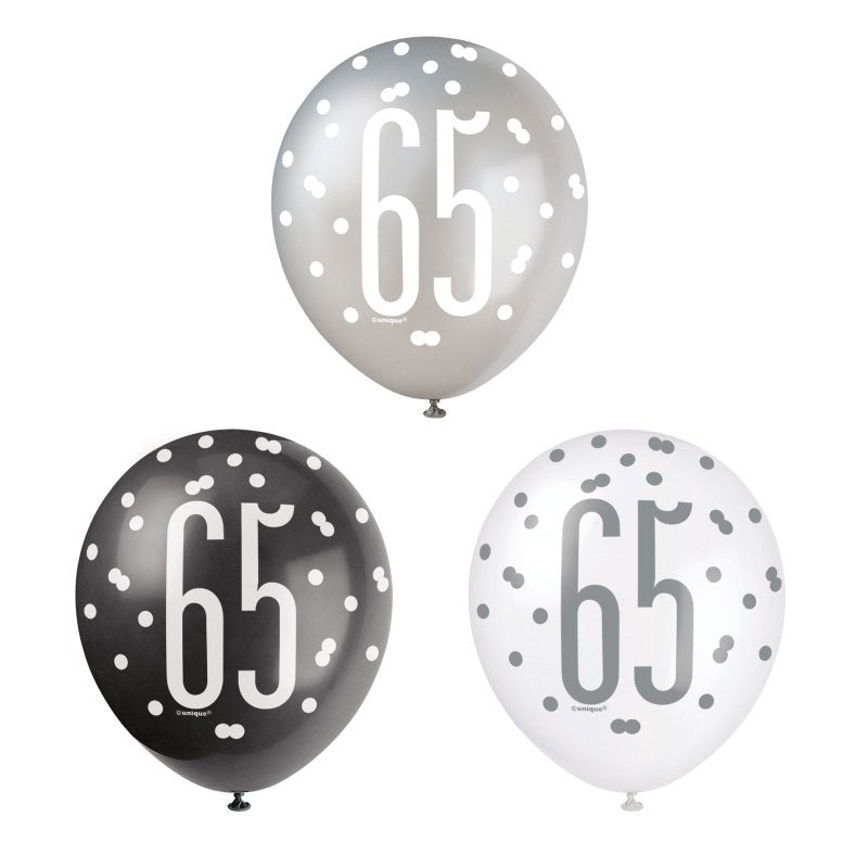 6ct Glitz Black Number 65 Assorted 12" Latex Balloons