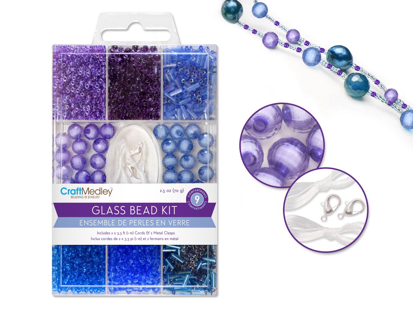Glass Bead Kits: 9-Comp Multi-Pack w/Cord+Clasps 70g B) Sky
