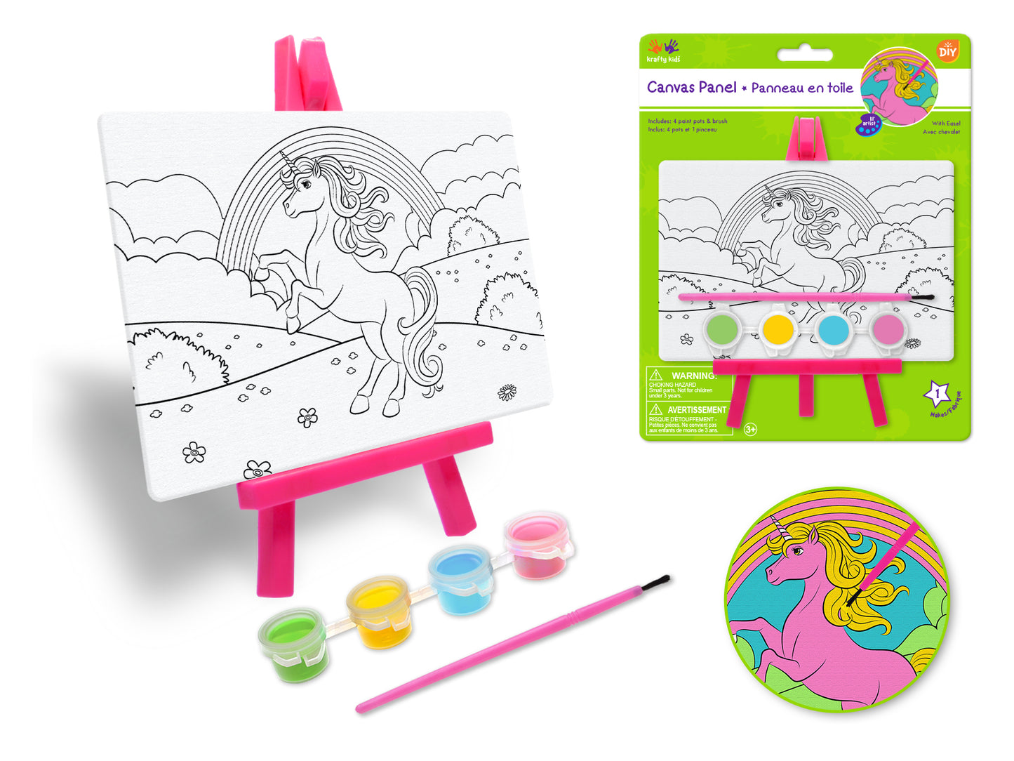 Krafty Kids Kit: 3.9"x5.9" DIY Canvas Panel on Easel w/4 Paint Pots+Brush A) Unicorn