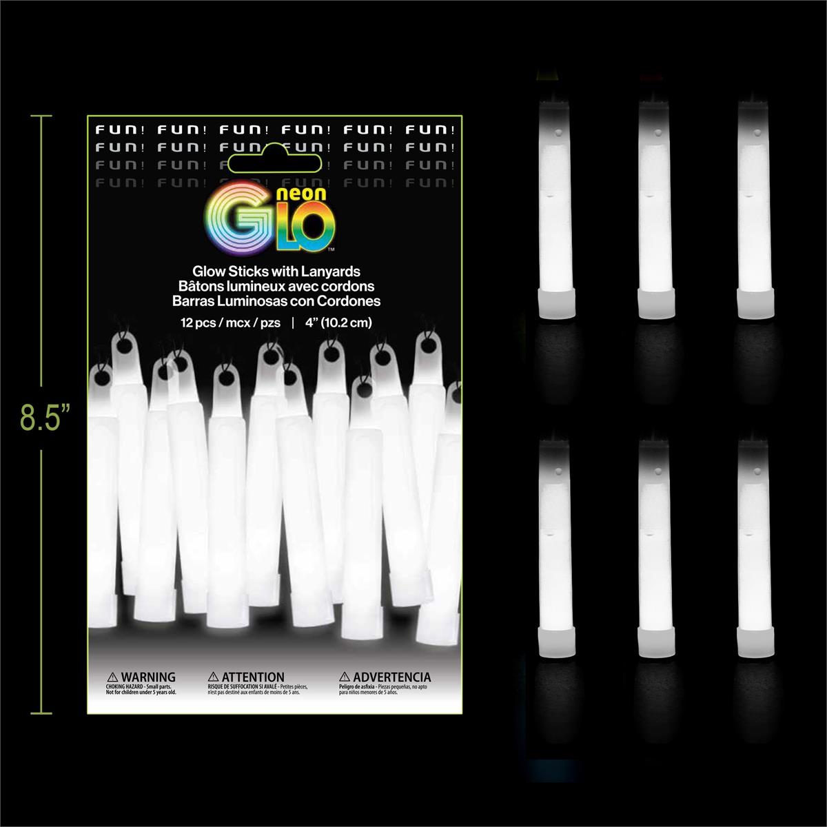 Neon Glo, White, 12 packs 4" Glow Sticks with Lanyards, Foil Pack
