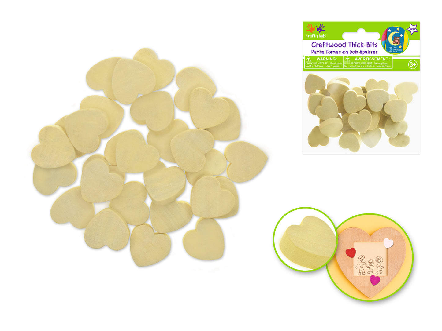 Craftwood: Wooden Thick-Bits 30pc 6mm(T) A) Hearts Natural