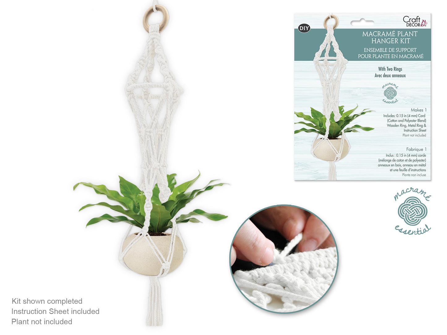 Craft Decor: DIY Macramé Planter Hanger Kit w/Wood Ring A) White