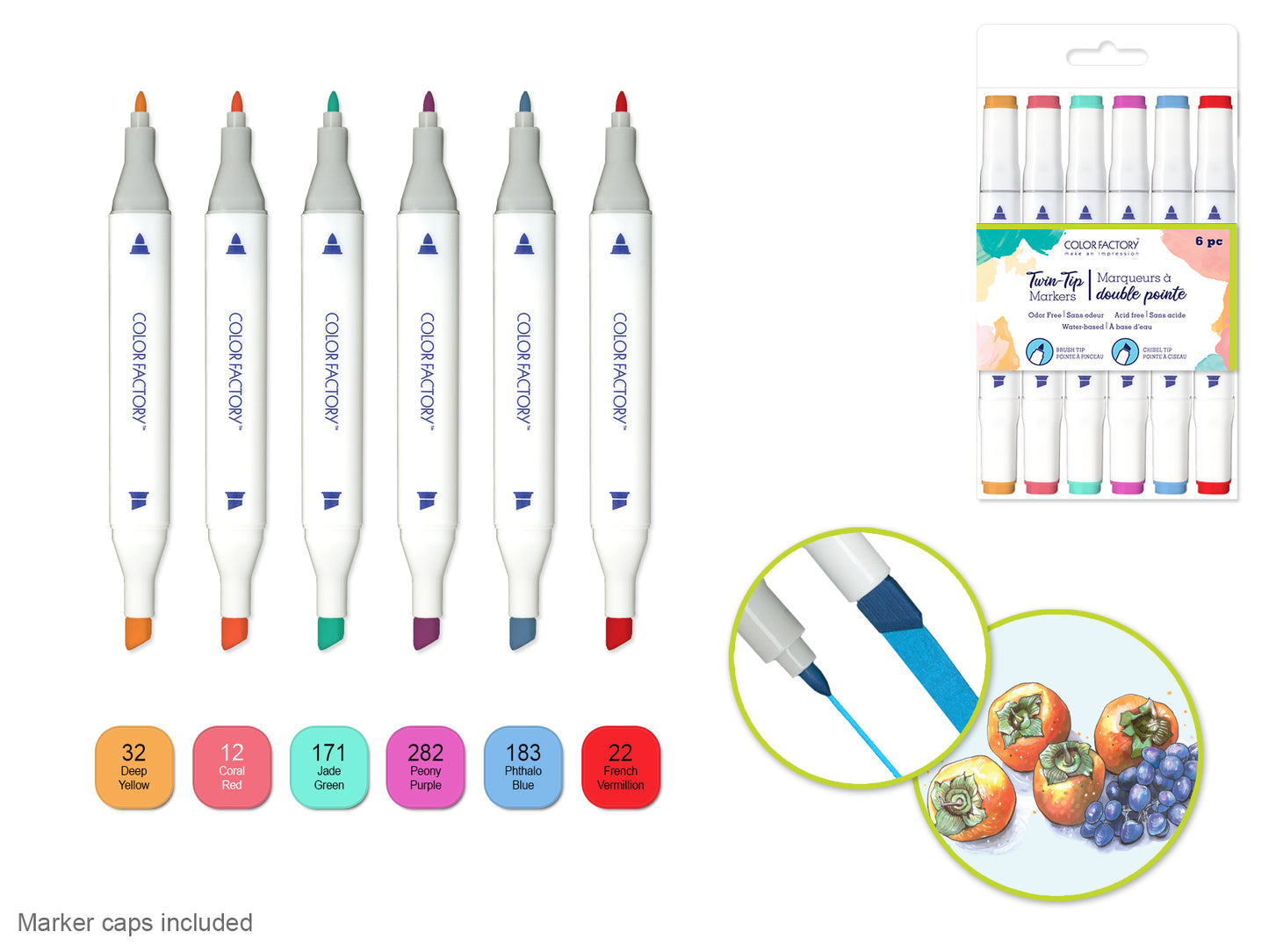 Color Factory: Water-Based Twin Markers Fine+Broad Tips 6pk F) Glamour