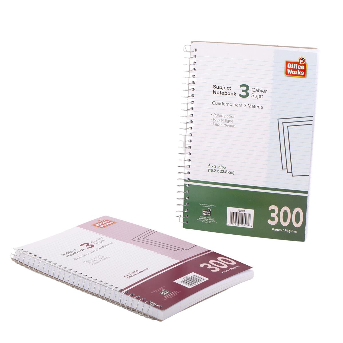 O.WKs. 300 Pages 3-Subject Notebook Coil, 6"x9", 2 cols