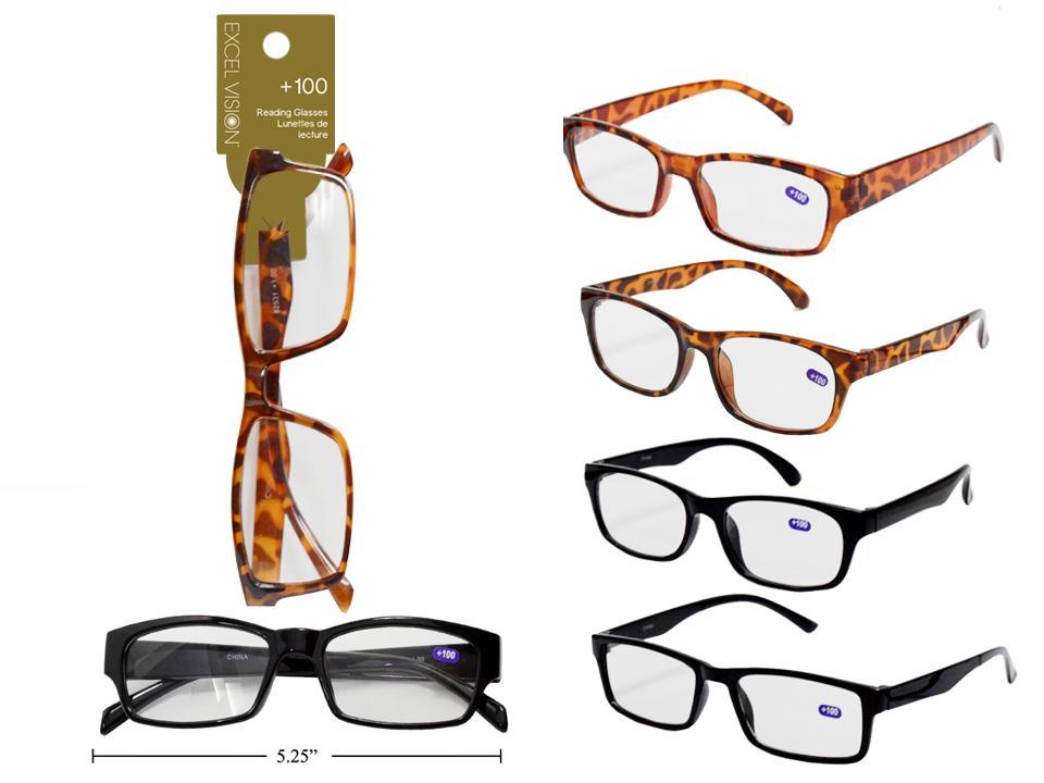 Excel Vision +100 Reading Glasses, 6 styles, header card+opp bag