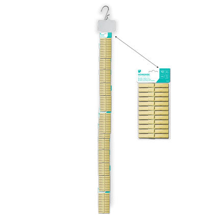 CLOTHES PINS - 12, WOOD CLIP-STRIP 12/UNITS