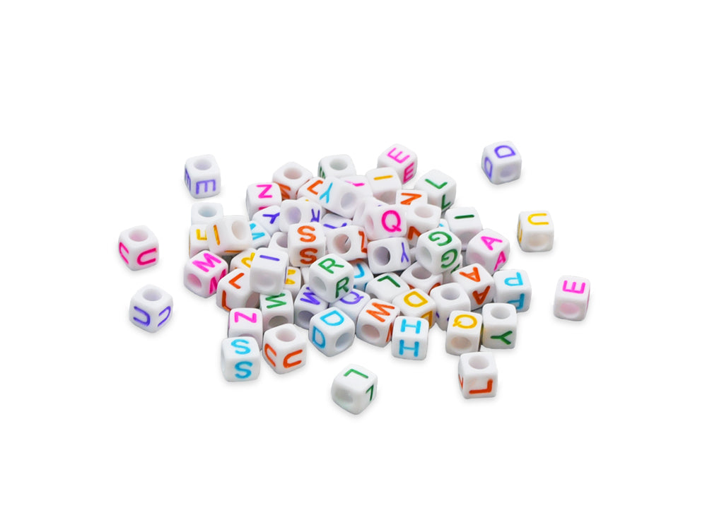 Alphabet Beads: 6mm Cube 68ct A) White w/Colored Letters