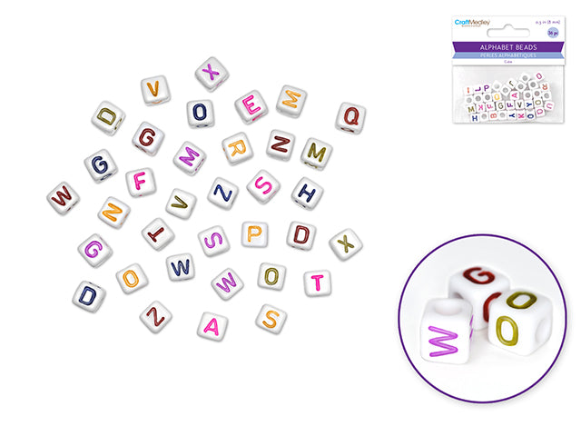 Alphabet Beads: 8mm Cube 36ct C) White w/Colored Letters
