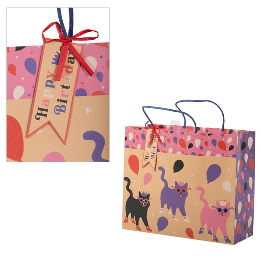 Paper T. DLX Lge Horiz. Gift Bag, Bday Cats, Kraft 210GSM, tag+j-hook