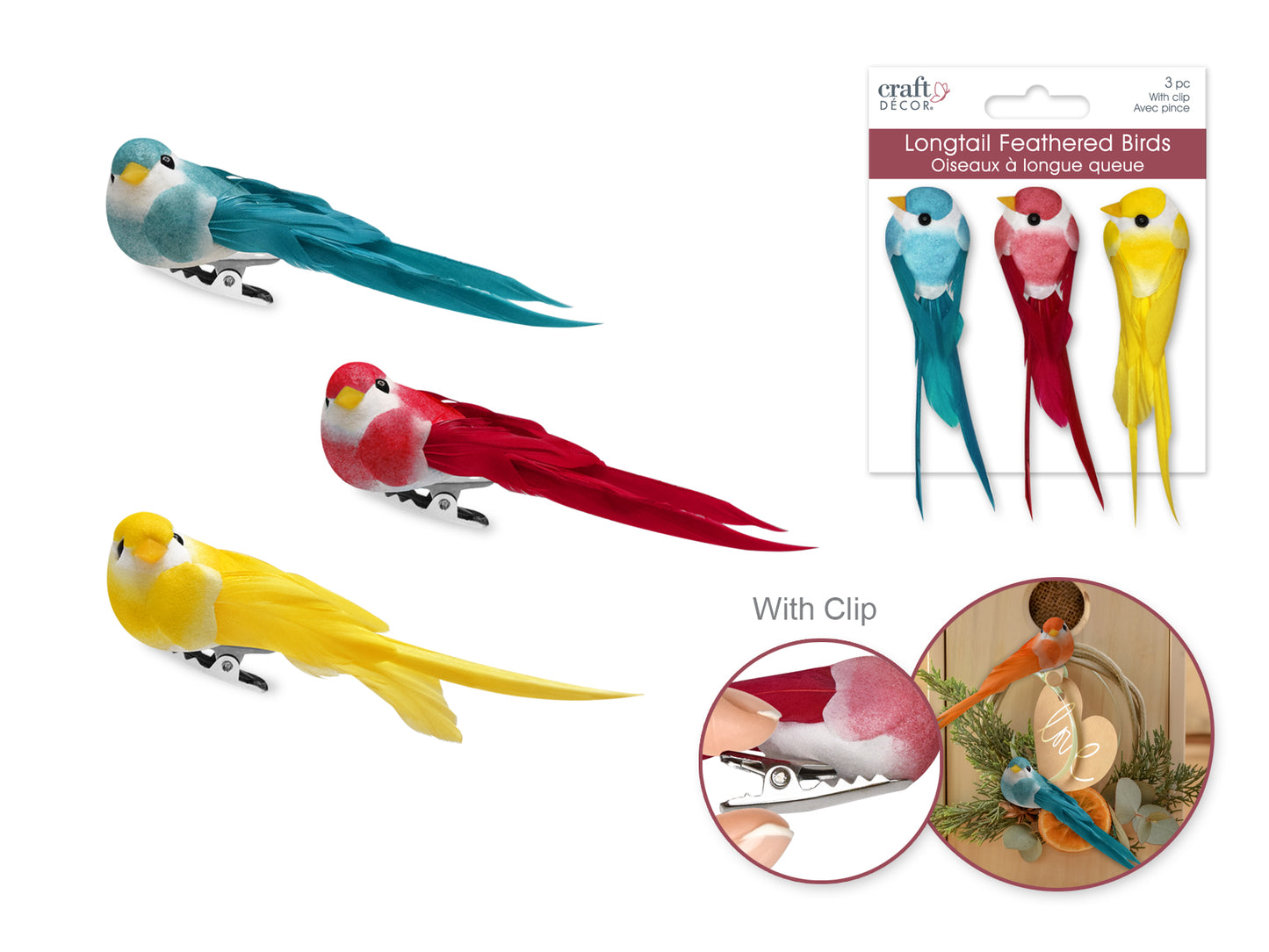 Craft Decor: 3.25" Mini Longtail Bird x3 w/Gator Clip A) Brights