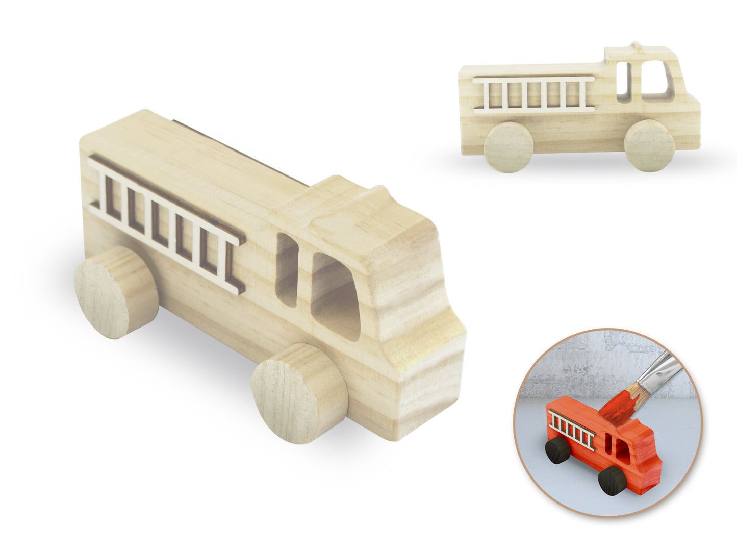 Wood Craft: 4.5" DIY Solid Wood Vehicles w/Moving Wheels B) Fire Truck