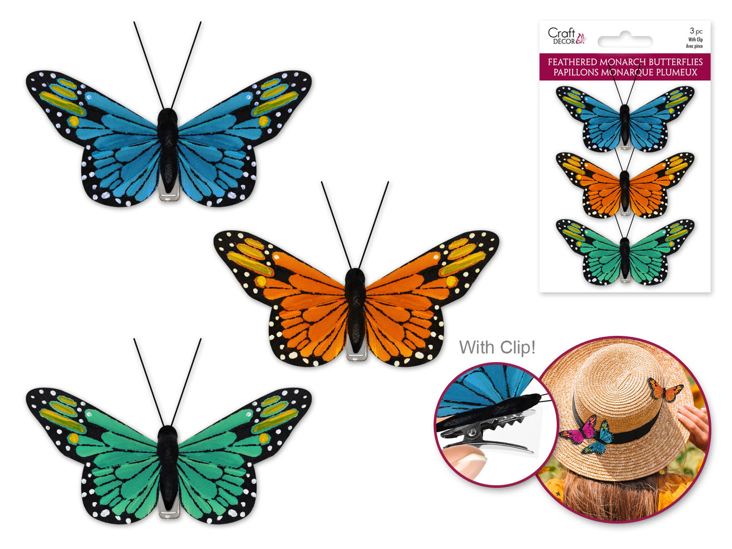 Craft Decor: 3.25"x1.75" Feathered Monarch Butterflies x3 w/Gator Clip B) Glam