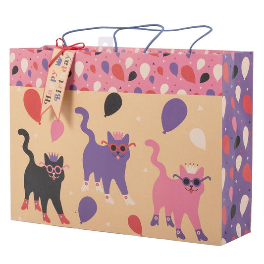 Paper T. DLX Jumbo Horiz. Gift Bag, Bday Cats, 210GSM, tag+j-hook