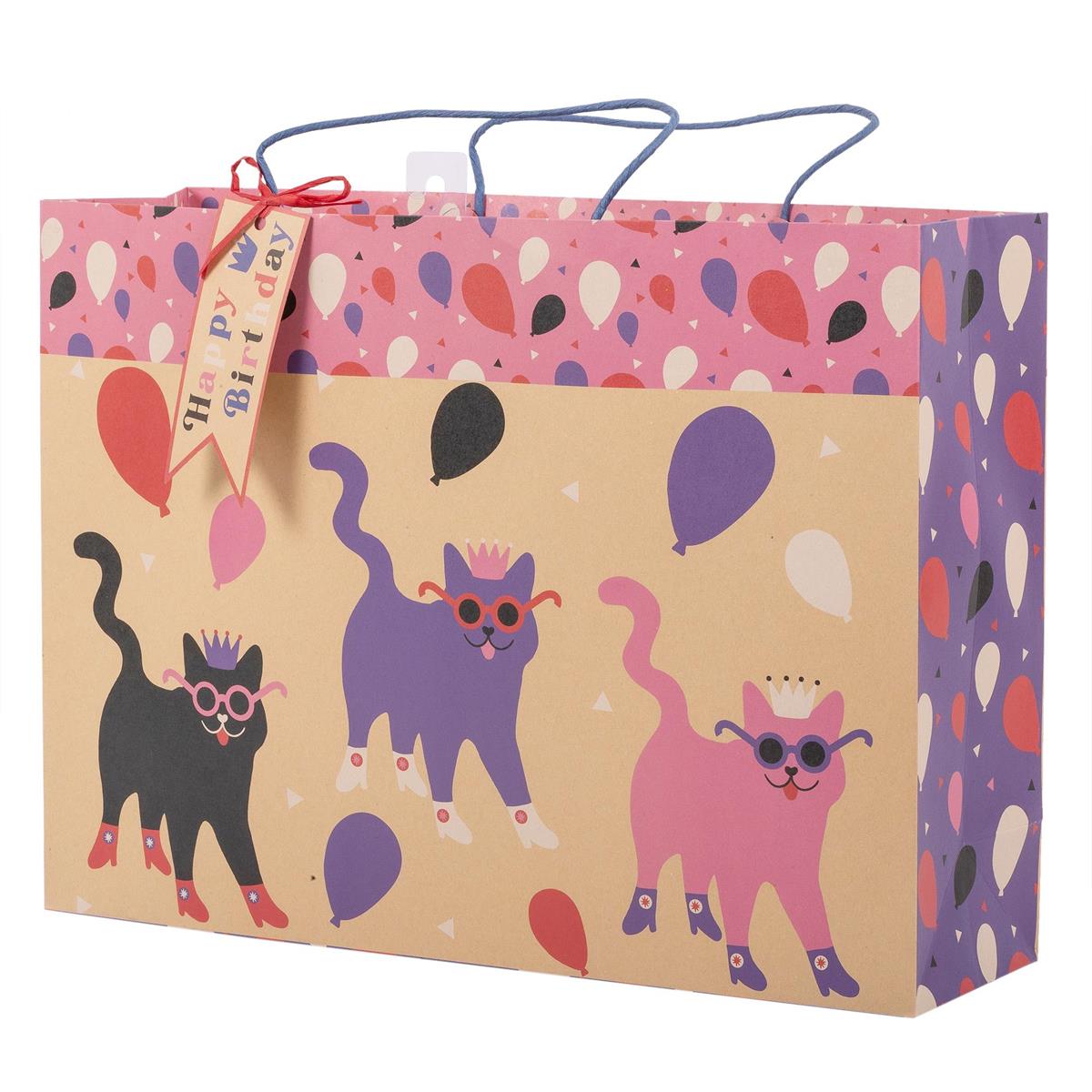 Paper T. DLX Jumbo Horiz. Gift Bag, Bday Cats, 210GSM, tag+j-hook